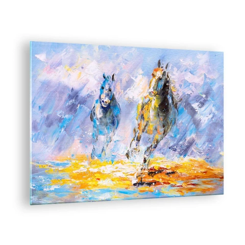 Quadro em vidro - Dois cavalos galopando pela água em um estilo artístico - 70x50cm - Galopando através do brilho - Decoração de parede moderna para a sala de estar e quarto ARTTOR