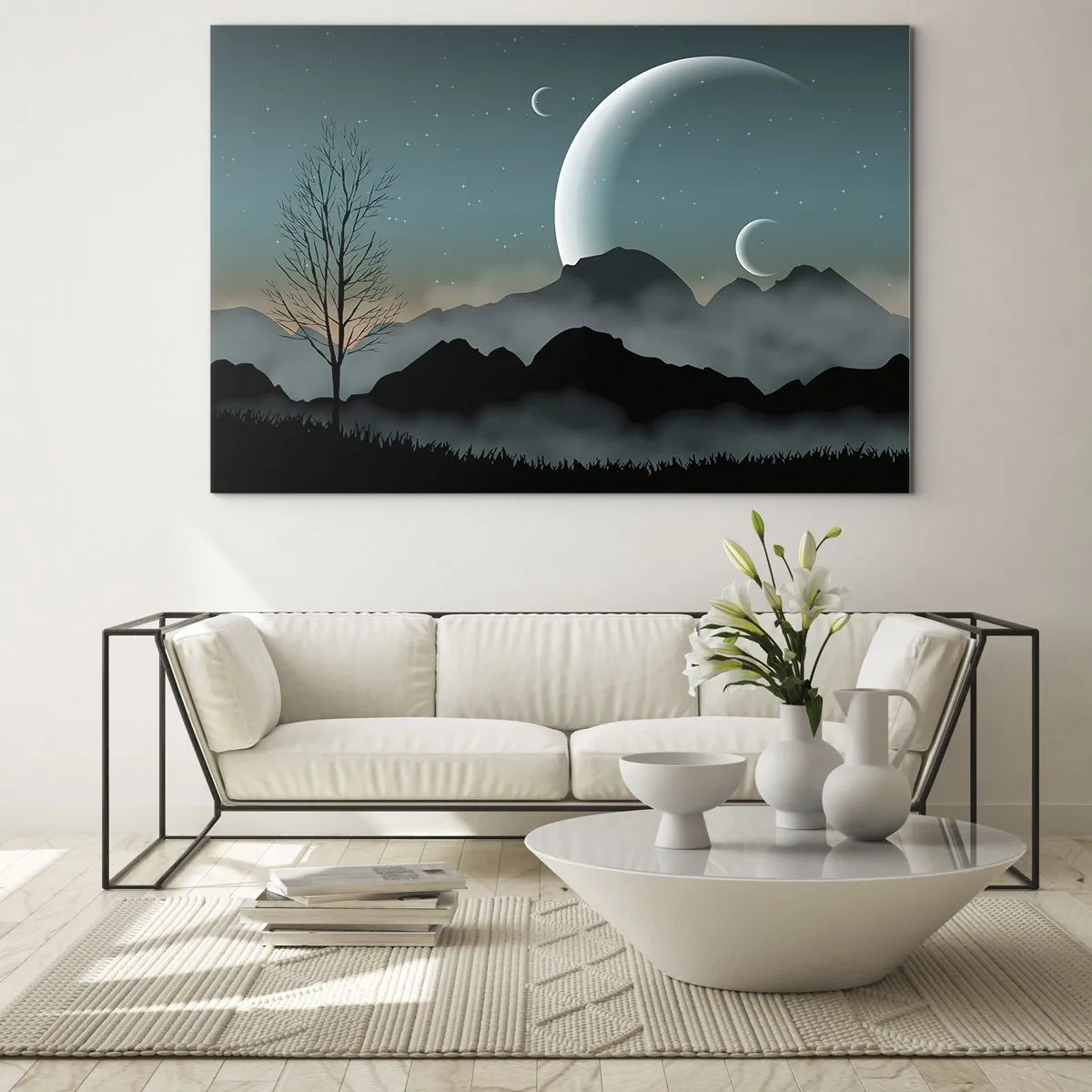 Quadro em vidro - Luas sobre montanhas com uma árvore solitária e estrelas - 70x50cm - Carnaval de uma noite estrelada - Decoração de parede moderna para a sala de estar e quarto ARTTOR