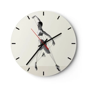 Relógio de parede - Relógio em vidro - Uma bailarina preta e branca estilizada como uma marionete em um fundo claro. - 30x30cm - No teatro do mundo - Decoração de parede moderna para a sala de estar, cozinha e quarto ARTTOR
