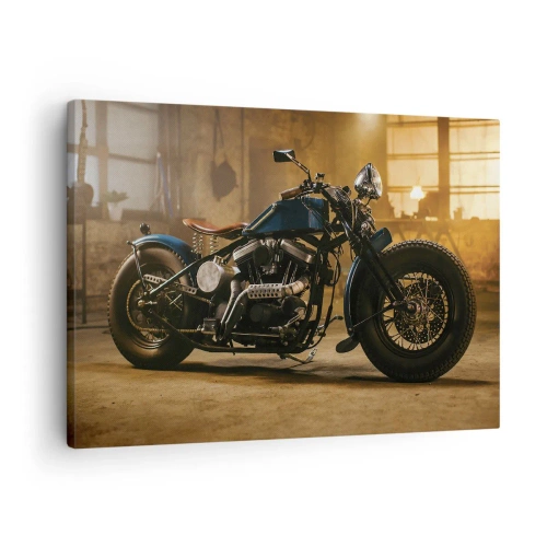 Quadro em tela - Uma motocicleta estilosa em um interior industrial com iluminação aconchegante - 70x50cm - Tudo posso - Decoração de parede moderna para a sala de estar e quarto ARTTOR