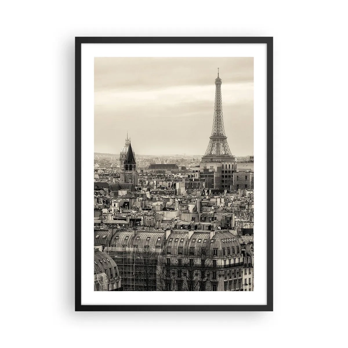 Pôster com moldura preta - Panorama de Paris com a Torre Eiffel em tons sépia - 50x70cm - Sobre os telhados de Paris - Decoração de parede moderna para a sala de estar e quarto ARTTOR