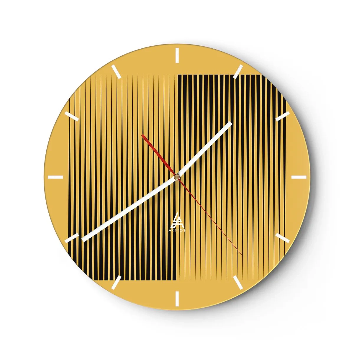 Relógio de parede - Relógio em vidro - Fundo amarelo com linhas verticais pretas criando um efeito geométrico - 30x30cm - Quadratura de opostos - Decoração de parede moderna para a sala de estar, cozinha e quarto ARTTOR