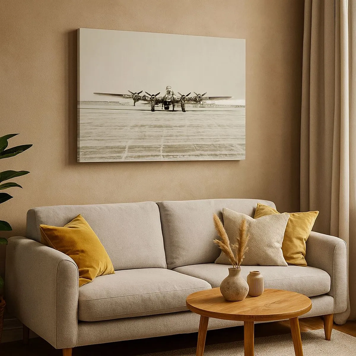 Quadro em tela - Avião histórico no aeroporto em sépia - 70x50cm - Pronto como sempre  - Decoração de parede moderna para a sala de estar e quarto ARTTOR