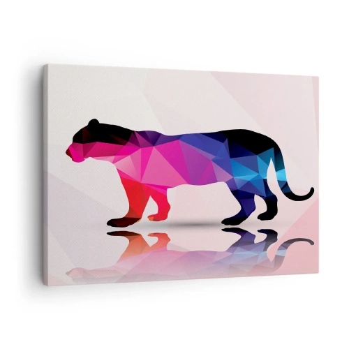 Quadro em tela - Silhueta geométrica de pantera em tons de rosa e azul - 70x50cm - A pantera em diamante - Decoração de parede moderna para a sala de estar e quarto ARTTOR