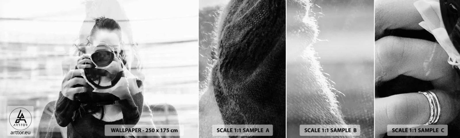 Amostra de papel de parede autocolante Deluxe Sticker - Criador e material - Abstração, Fotógrafo, Mulher - 100x30 cm