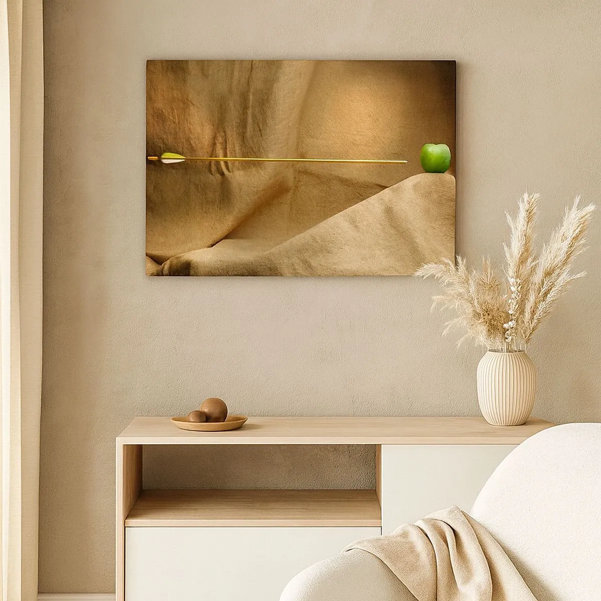 Quadro em tela - Maçã verde sobre tecido com uma flecha criando uma composição - 70x50cm - Invocando o espírito de Wilhelm Tell - Decoração de parede moderna para a sala de estar e quarto ARTTOR