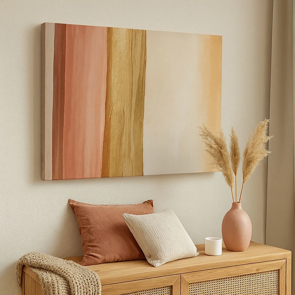 Quadro em tela - Listras abstratas em tons de bege, dourado e rosa sobre tela - 70x50cm - Composição vertical - Decoração de parede moderna para a sala de estar e quarto ARTTOR