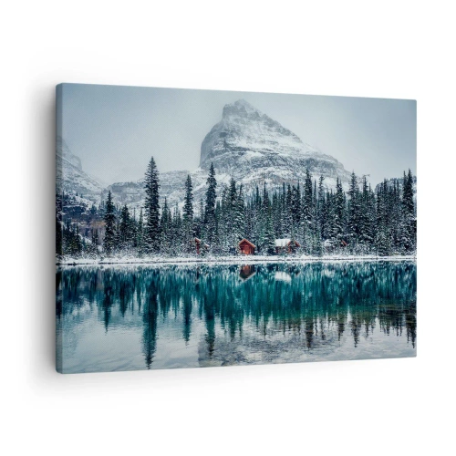 Quadro em tela - Paisagem de inverno com casas de campo na floresta perto de um lago congelado - 70x50cm - Retiro canadense - Decoração de parede moderna para a sala de estar e quarto ARTTOR