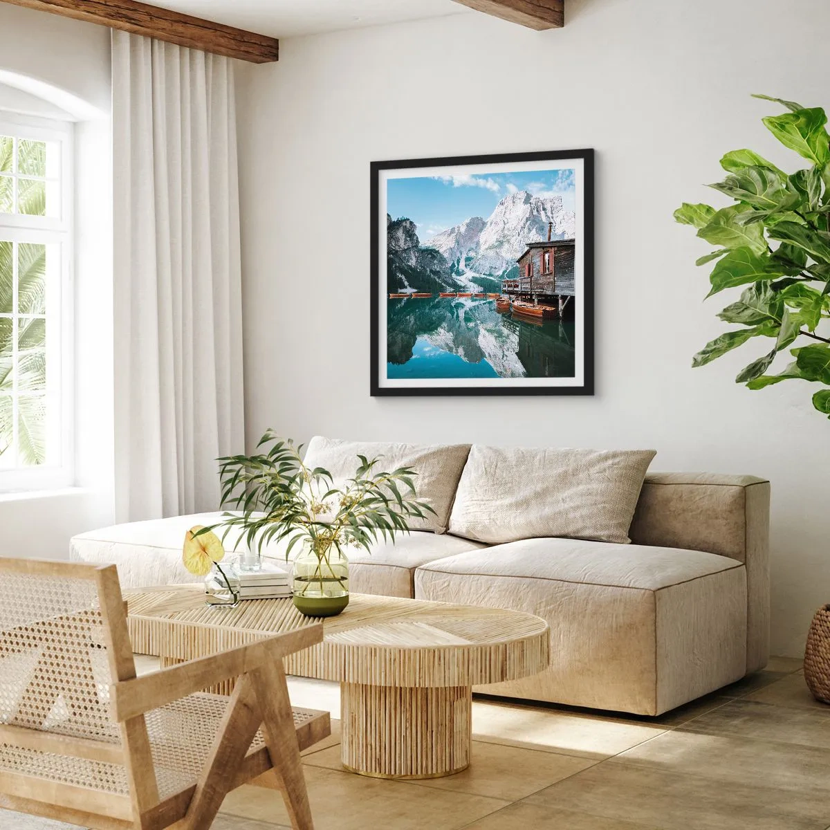 Pôster com moldura preta - Manhã cristalina nas montanhas - 60x60 cm