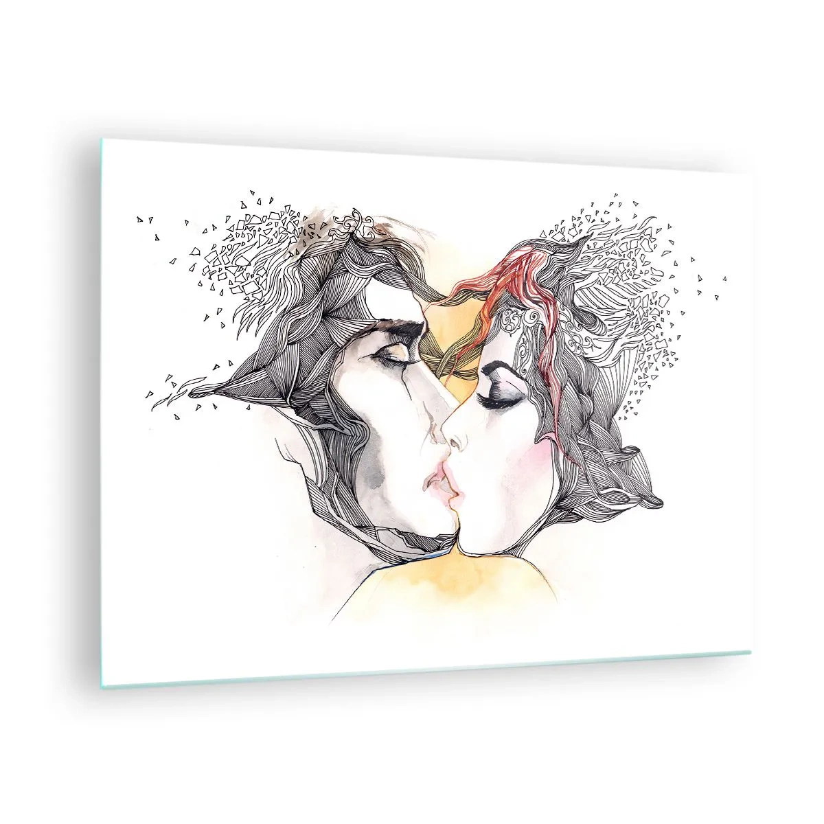 Quadro em vidro - Casal abstrato se beijando com padrões artísticos - 70x50cm - O mundo não existe - Decoração de parede moderna para a sala de estar e quarto ARTTOR