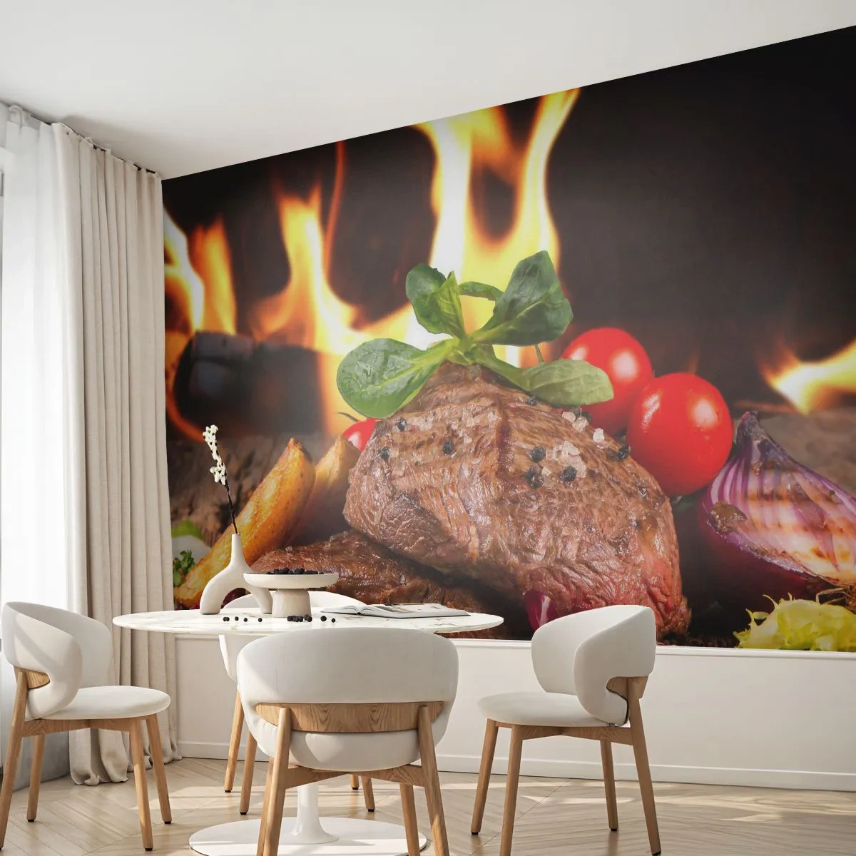 Papel de Parede Autocolante Deluxe Sticker - Feito com brasas - Gastronomia, bife, Chamas de Fogo - 250x175 cm