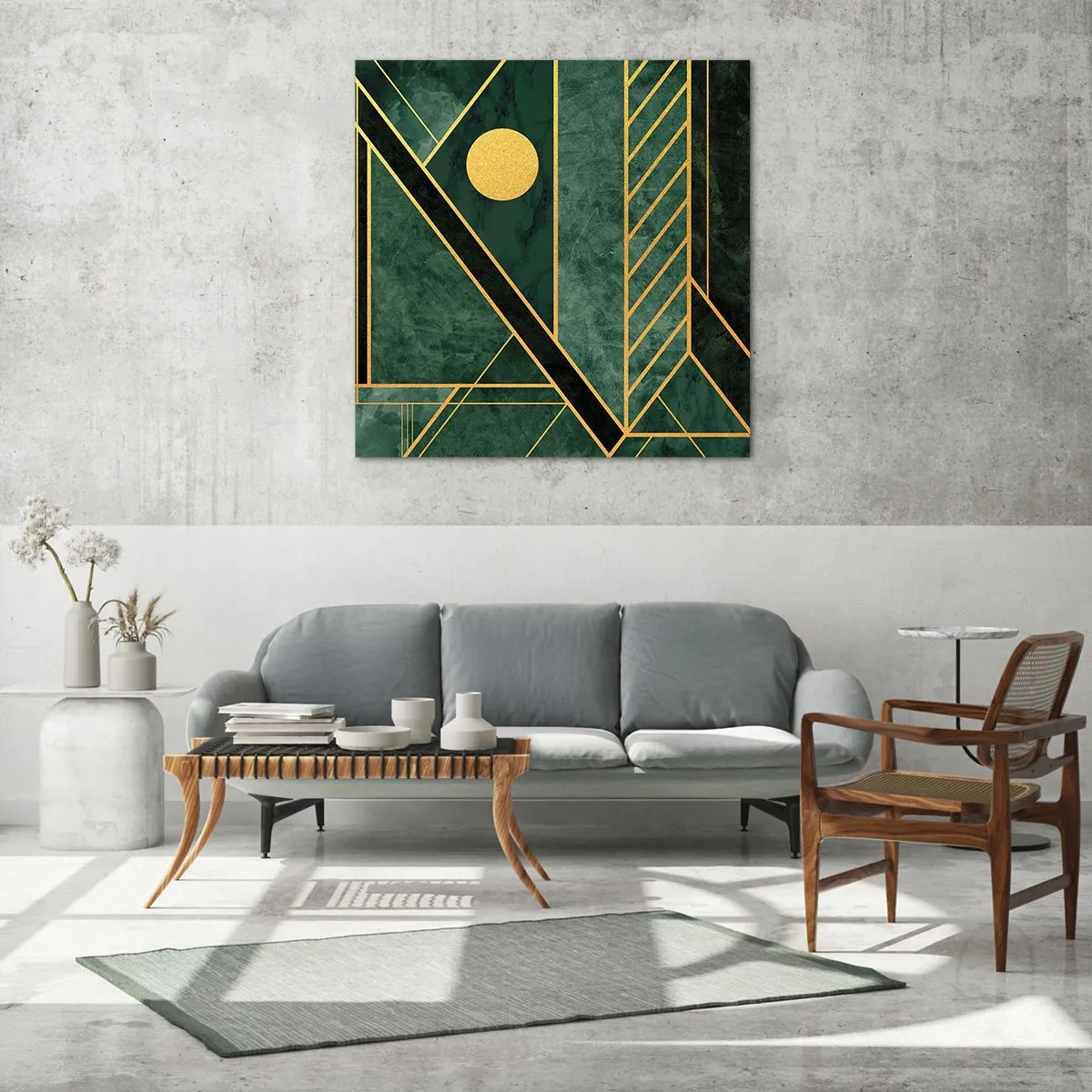 Quadro em vidro - A dinâmica do ouro e do azul - 50x50 cm