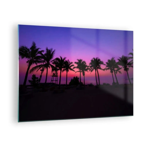 Quadro em vidro - Palmeiras tendo como pano de fundo um pôr do sol rosa-púrpura - 70x50cm - Uma noite sob as palmeiras - Decoração de parede moderna para a sala de estar e quarto ARTTOR