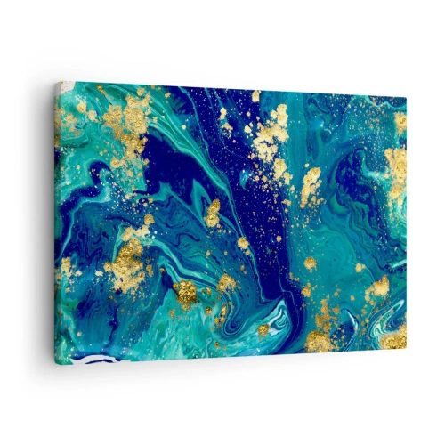 Quadro em tela - Uma composição abstrata com detalhes em azul, verde e dourado. - 70x50cm - Flocos de sol  - Decoração de parede moderna para a sala de estar e quarto ARTTOR