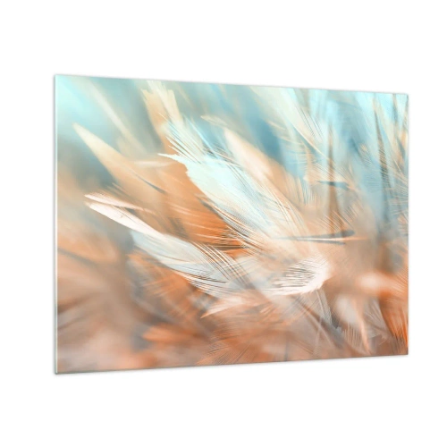 Quadro em vidro - Penas delicadas em tons pastéis de turquesa e pêssego - 70x50cm - Na terra da gentileza - Decoração de parede moderna para a sala de estar e quarto ARTTOR