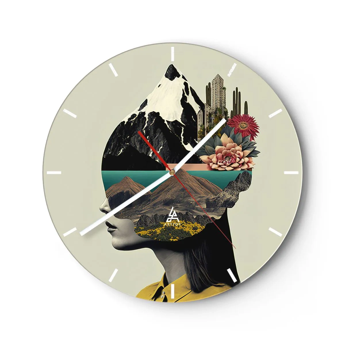 Relógio de parede - Relógio em vidro - Retrato artístico de uma mulher com uma paisagem e flores na cabeça - 30x30cm - Mulher – sempre um mistério - Decoração de parede moderna para a sala de estar, cozinha e quarto ARTTOR