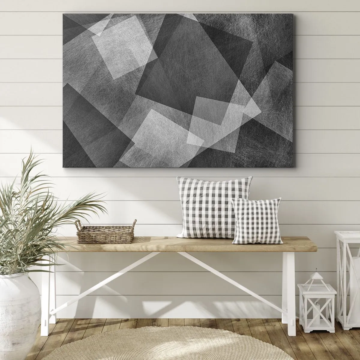 Quadro em tela - Abstração em preto e branco com formas geométricas - 70x50cm - Um eterno símbolo da durabilidade e da ordem - Decoração de parede moderna para a sala de estar e quarto ARTTOR