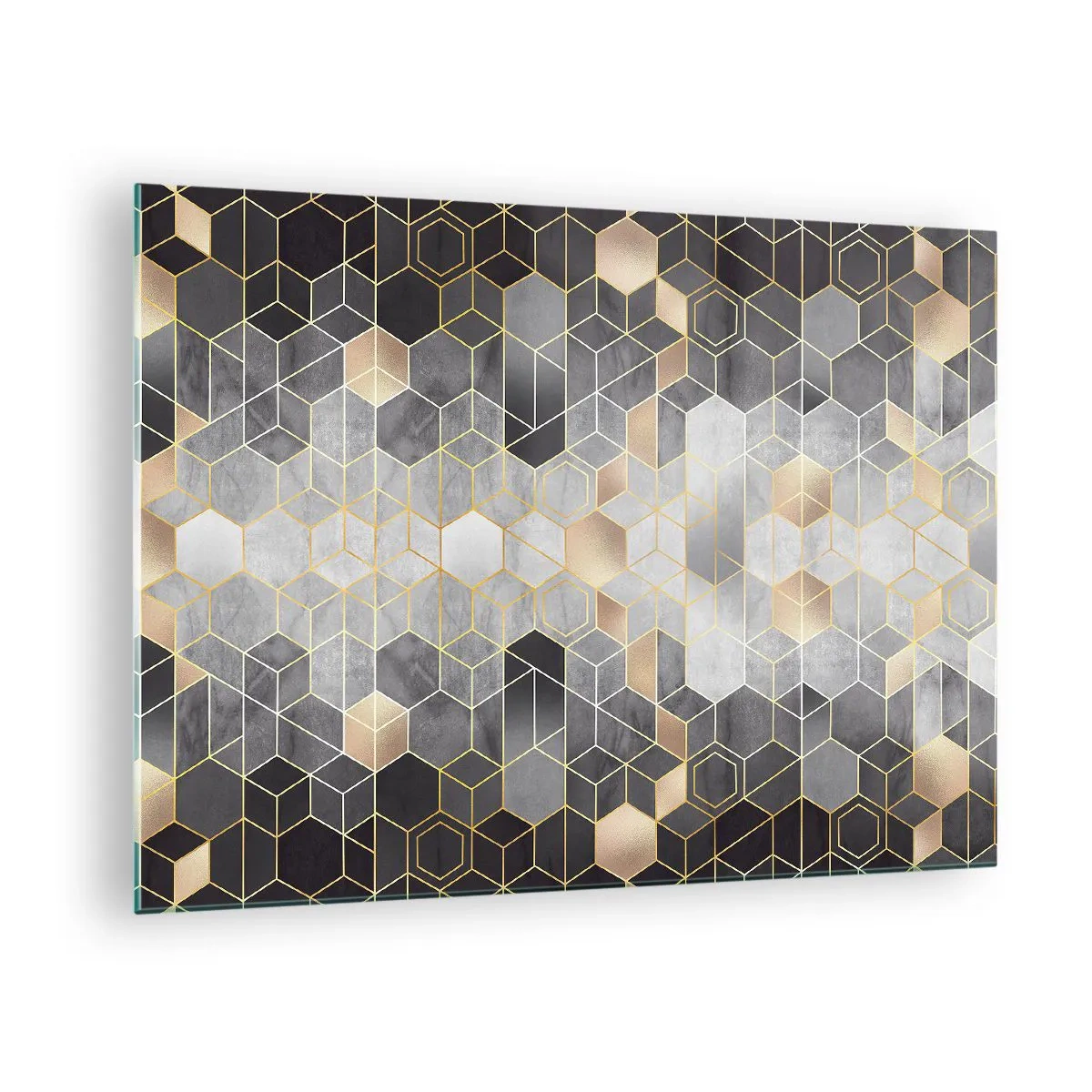 Quadro em vidro - Padrão geométrico de hexágonos em linhas douradas - 70x50cm - Composição do diamante - Decoração de parede moderna para a sala de estar e quarto ARTTOR
