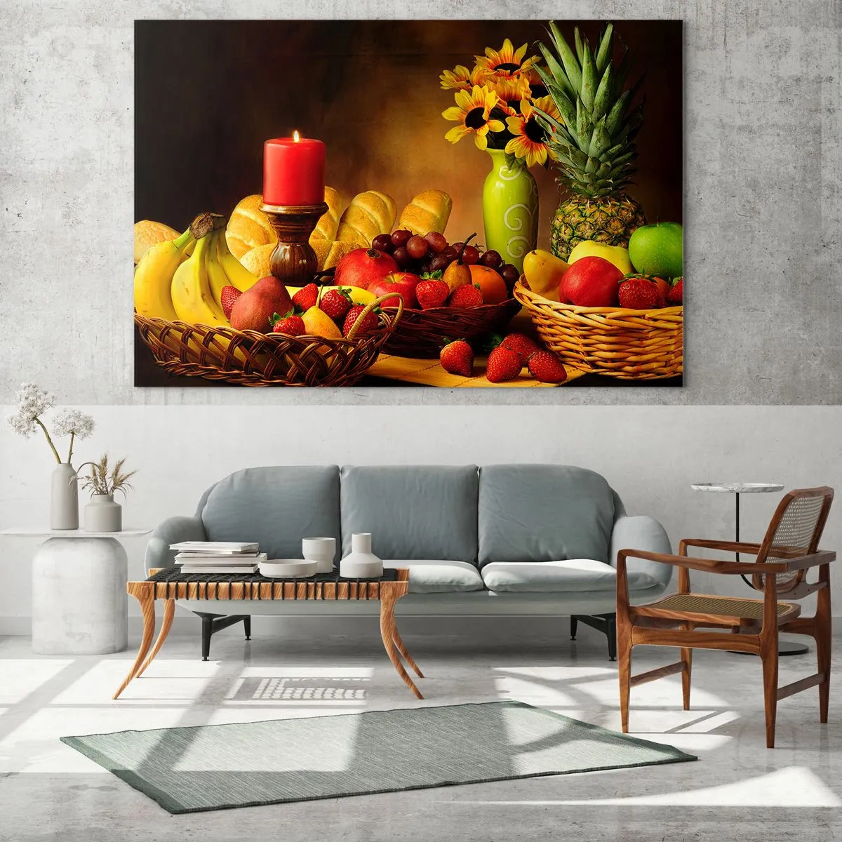 Quadro em vidro - Uma composição de frutas, pão e uma vela em estilo rústico - 70x50cm - Natureza morta com pão e fruta - Decoração de parede moderna para a sala de estar e quarto ARTTOR