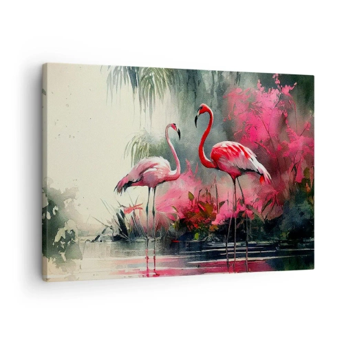 Quadro em tela - Flamingos na água cercados por vegetação - 70x50cm - Uma lição de graça natural - Decoração de parede moderna para a sala de estar e quarto ARTTOR