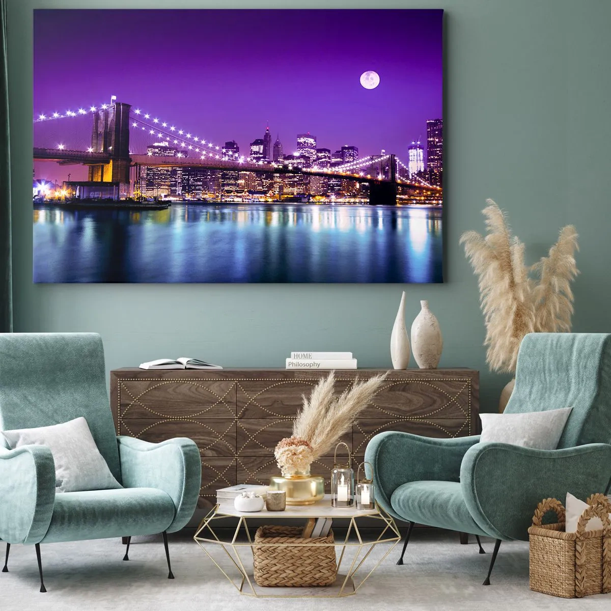 Quadro em tela - Ponte do Brooklyn à noite com a cidade iluminada e lua cheia - 70x50cm - Luzes de uma grande cidade em roxo - Decoração de parede moderna para a sala de estar e quarto ARTTOR