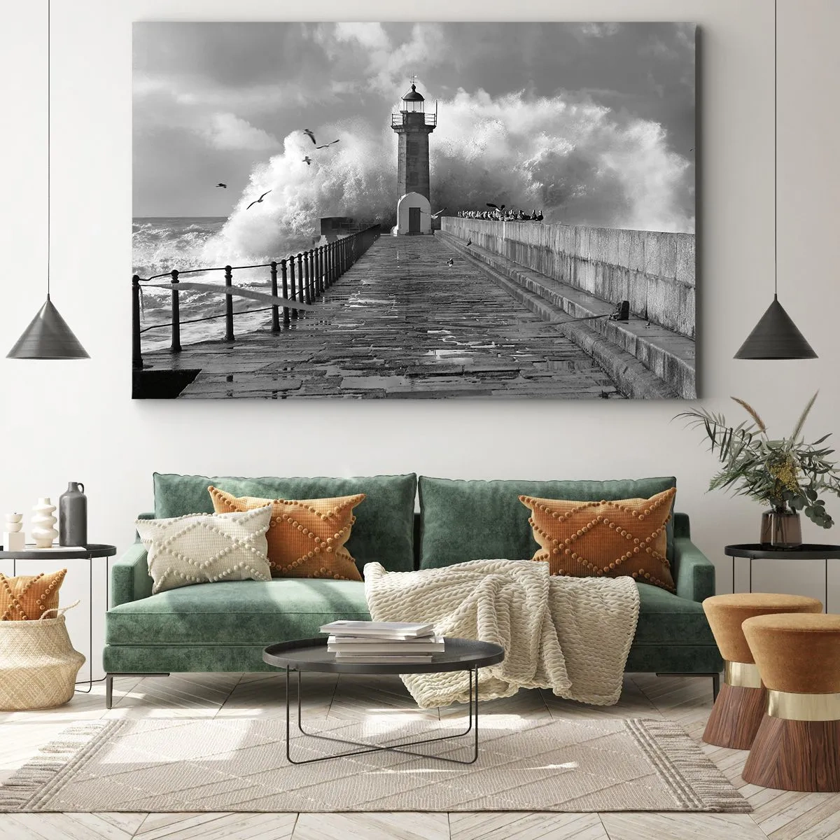 Quadro em tela - Um farol cercado por ondas durante uma tempestade - 70x50cm - Destemida - Decoração de parede moderna para a sala de estar e quarto ARTTOR