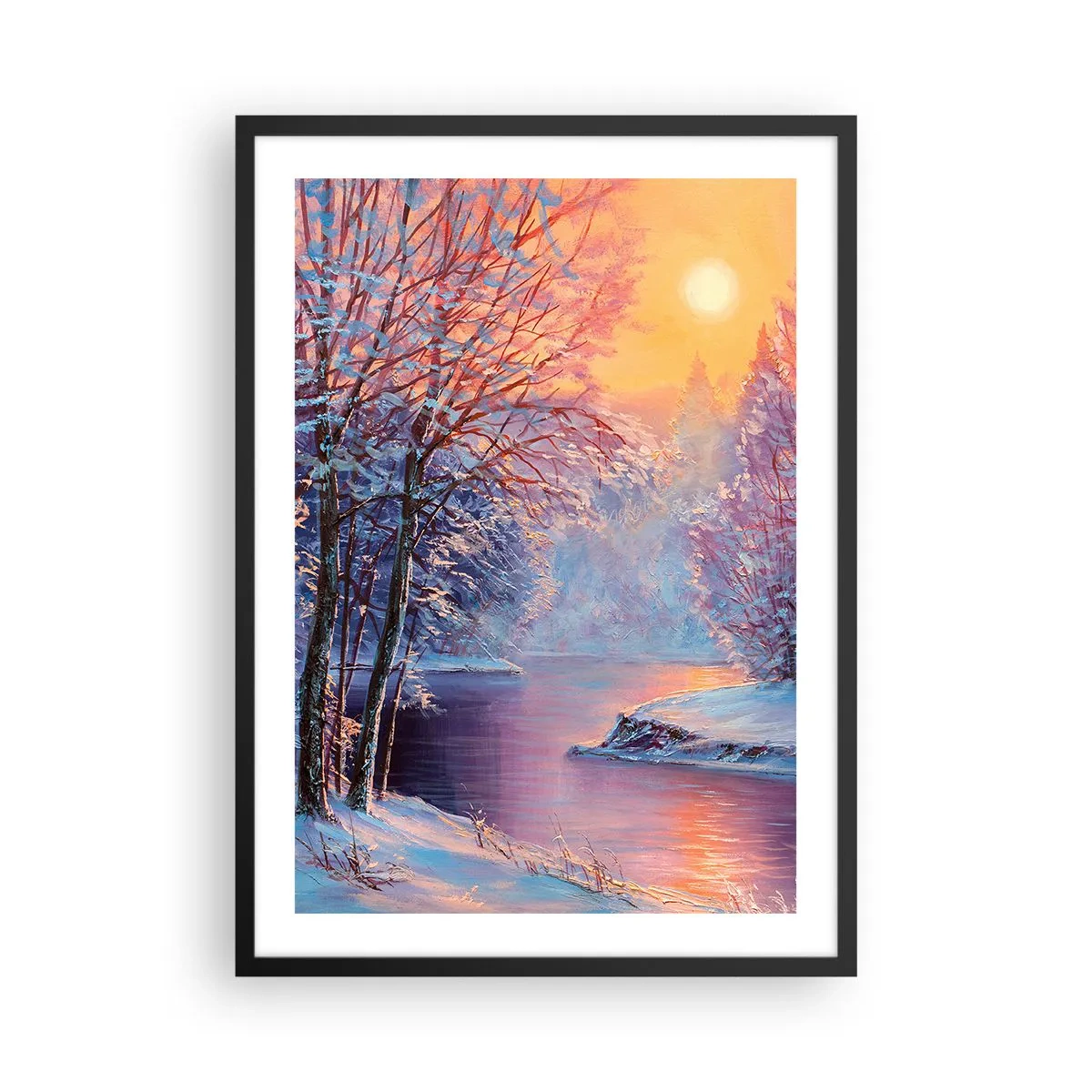 Pôster com moldura preta - Paisagem de inverno com um rio sob o brilho do pôr do sol - 50x70cm - Cores do inverno - Decoração de parede moderna para a sala de estar e quarto ARTTOR