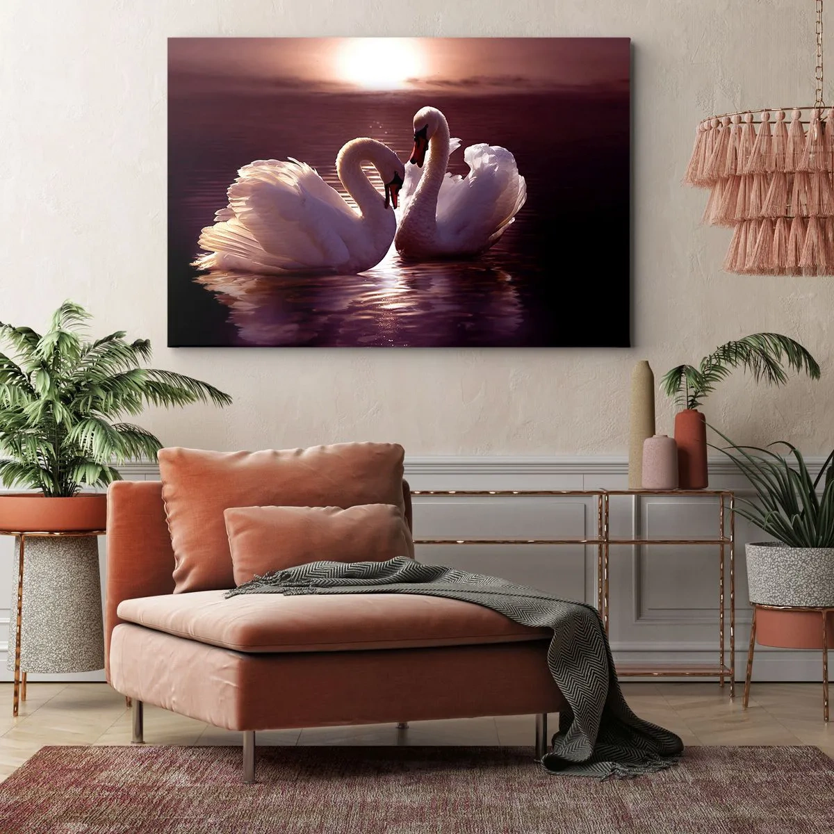 Quadro em tela - Dois cisnes em um lago calmo ao pôr do sol - 70x50cm - Até que a morte nos separe - Decoração de parede moderna para a sala de estar e quarto ARTTOR