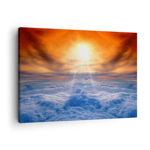 Quadro em tela - Pôr do sol acima das nuvens, o céu cheio de cores douradas e luz. - 70x50cm - Paisagem mística - Decoração de parede moderna para a sala de estar e quarto ARTTOR