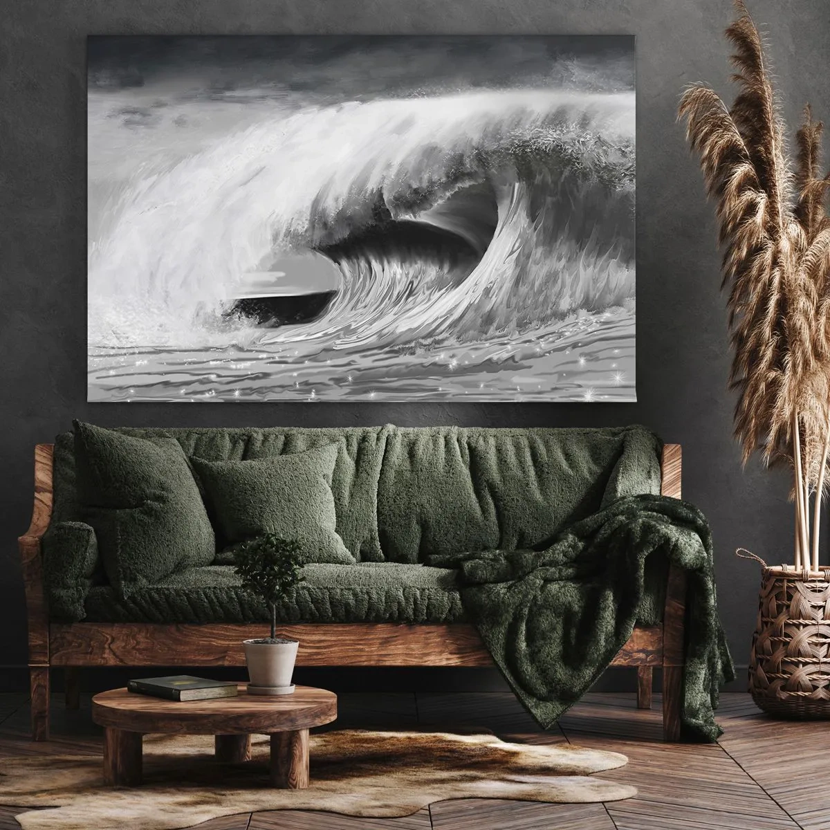 Quadro em tela - Onda dramática do oceano em monocromático - 70x50cm - A ira do oceano - Decoração de parede moderna para a sala de estar e quarto ARTTOR