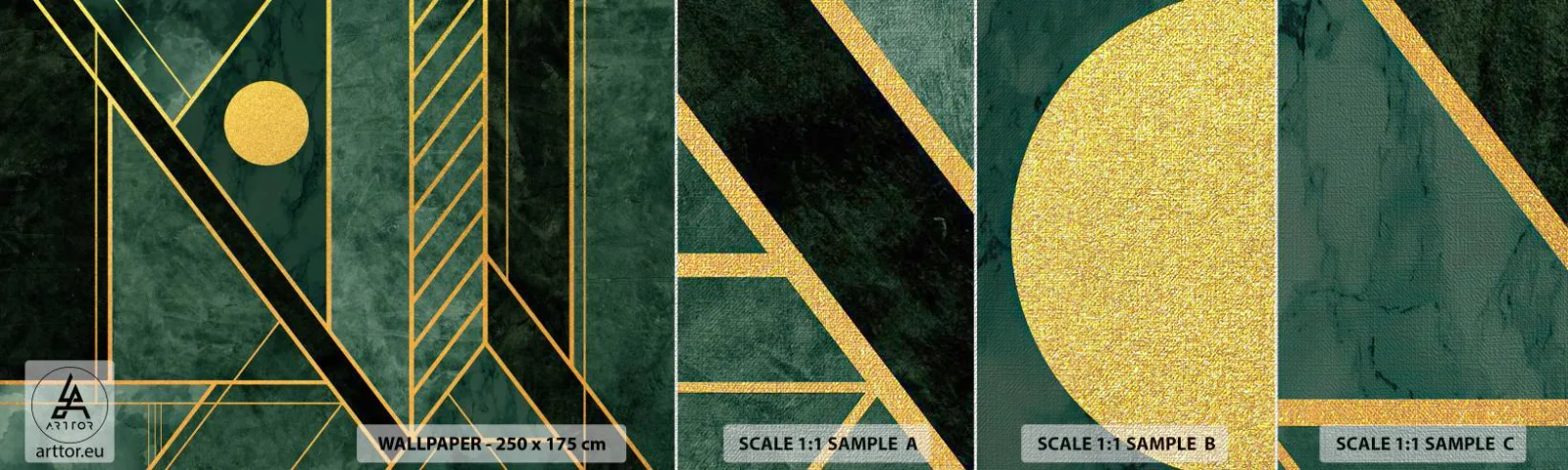 Amostra de papel de parede Premium Canvas - A dinâmica do ouro e do azul - Abstração, Pedaço, Padrão Geométrico - 100x30 cm