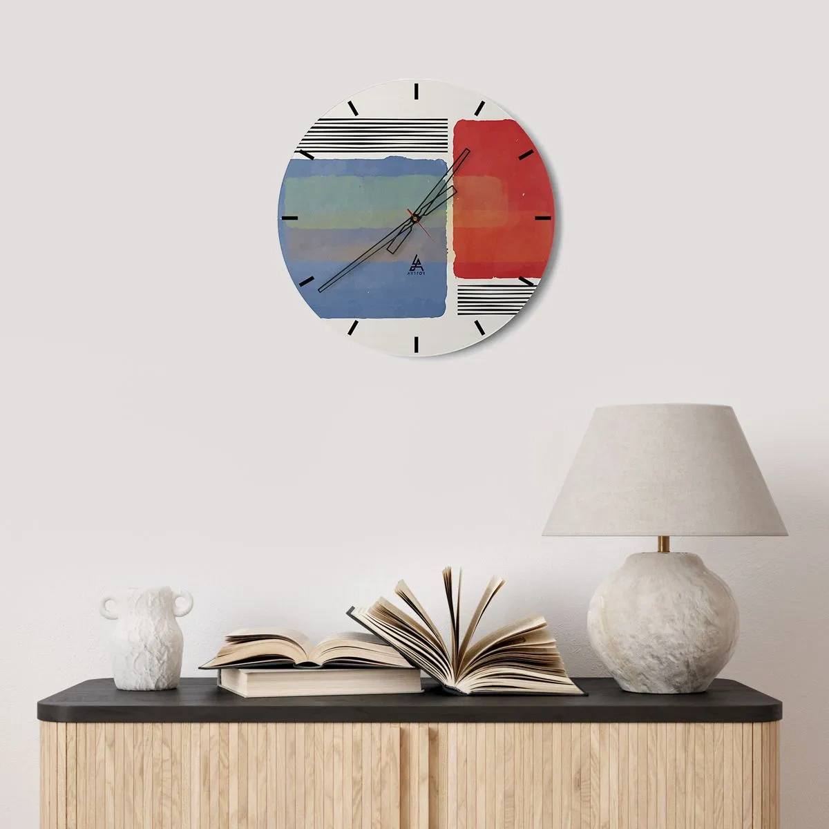 Relógio de parede - Relógio em vidro - Retângulos e linhas abstratas coloridas em um fundo claro - 30x30cm - A alma da geometria - Decoração de parede moderna para a sala de estar, cozinha e quarto ARTTOR