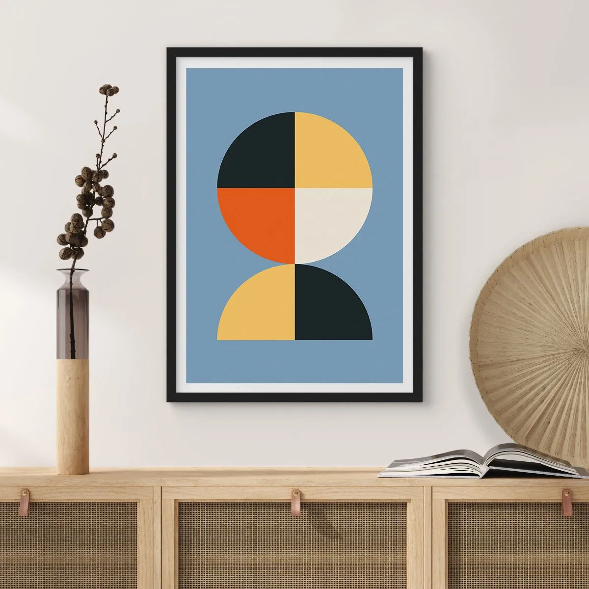 Pôster com moldura preta - Motivo geométrico em forma de círculo e semicírculo sobre fundo azul - 50x70cm - Verja e conte - Decoração de parede moderna para a sala de estar e quarto ARTTOR