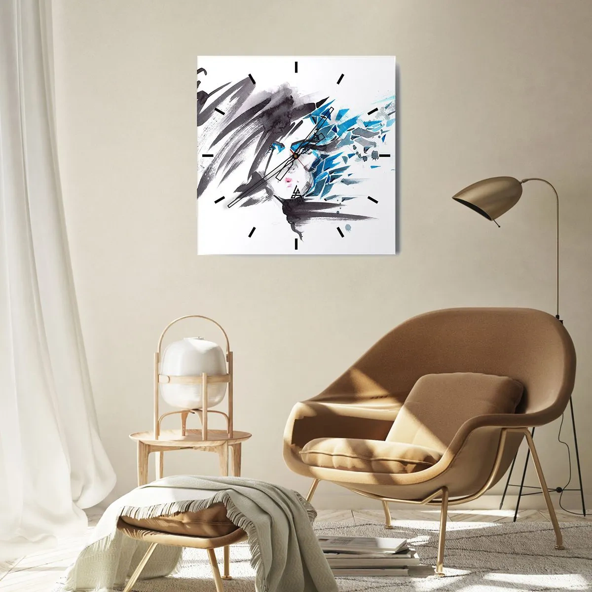 Relógio de parede - Relógio em vidro - Retrato sensual em cinza e azul - 30x30 cm