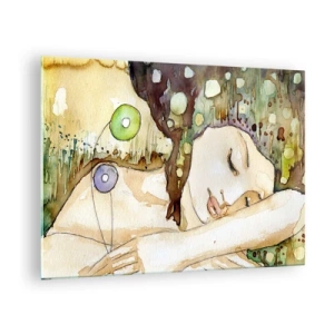 Quadro em vidro - Uma mulher dormindo em uma pintura artística em aquarela com cores quentes. - 70x50cm - Um sonho Violeta Esmeralda - Decoração de parede moderna para a sala de estar e quarto ARTTOR