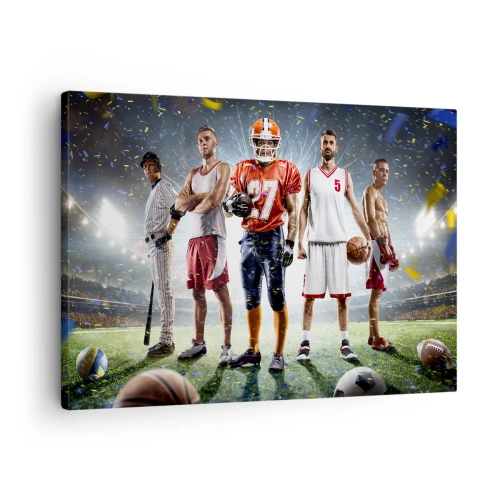 Quadro em tela - Uma cena dinâmica de atletas de várias disciplinas no estádio sob os holofotes - 70x50cm - Gladiadores dos campos - Decoração de parede moderna para a sala de estar e quarto ARTTOR