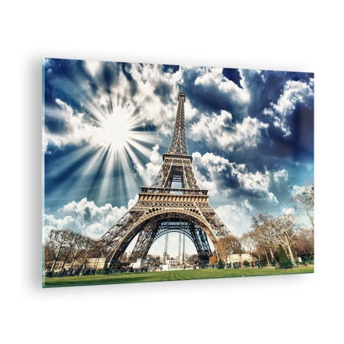 Quadro em vidro - A Torre Eiffel contra um céu radiante - 70x50cm - A única sob o sol - Decoração de parede moderna para a sala de estar e quarto ARTTOR