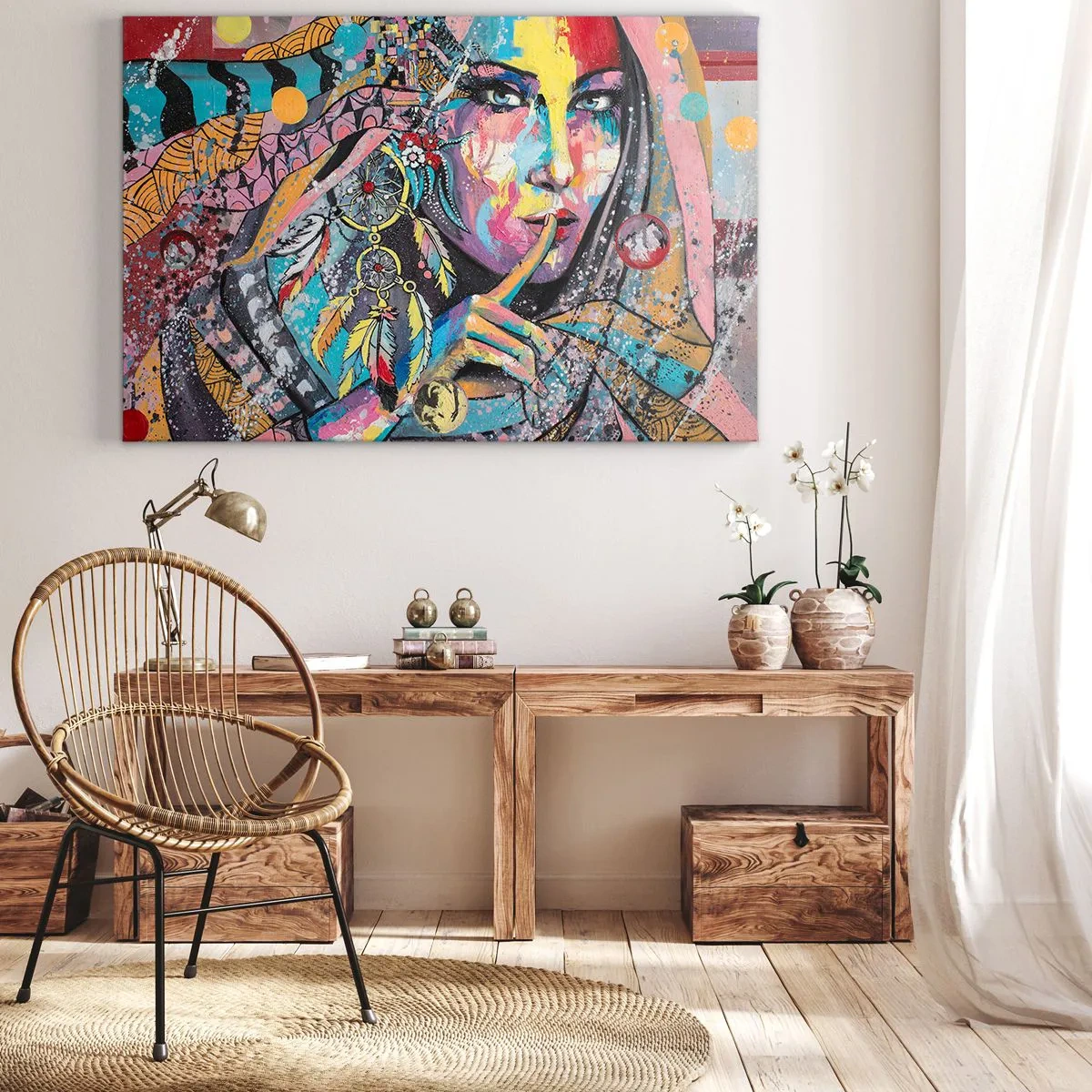 Quadro em tela - Rosto feminino colorido em estilo artístico - 70x50cm - Fique em silêncio até compreender - Decoração de parede moderna para a sala de estar e quarto ARTTOR
