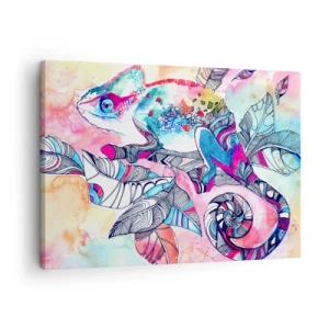 Quadro em tela - Camaleão colorido em fundo de folhas abstratas - 70x50cm - Colorido como o nosso mundo - Decoração de parede moderna para a sala de estar e quarto ARTTOR