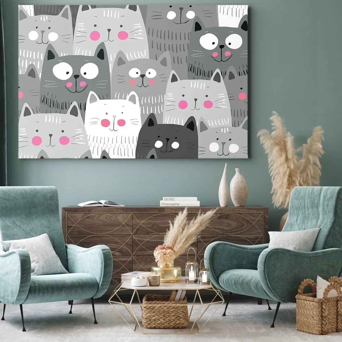Quadro em tela - Um padrão divertido com gatos em tons de cinza - 70x50cm - O mundo dos gatos - Decoração de parede moderna para a sala de estar e quarto ARTTOR