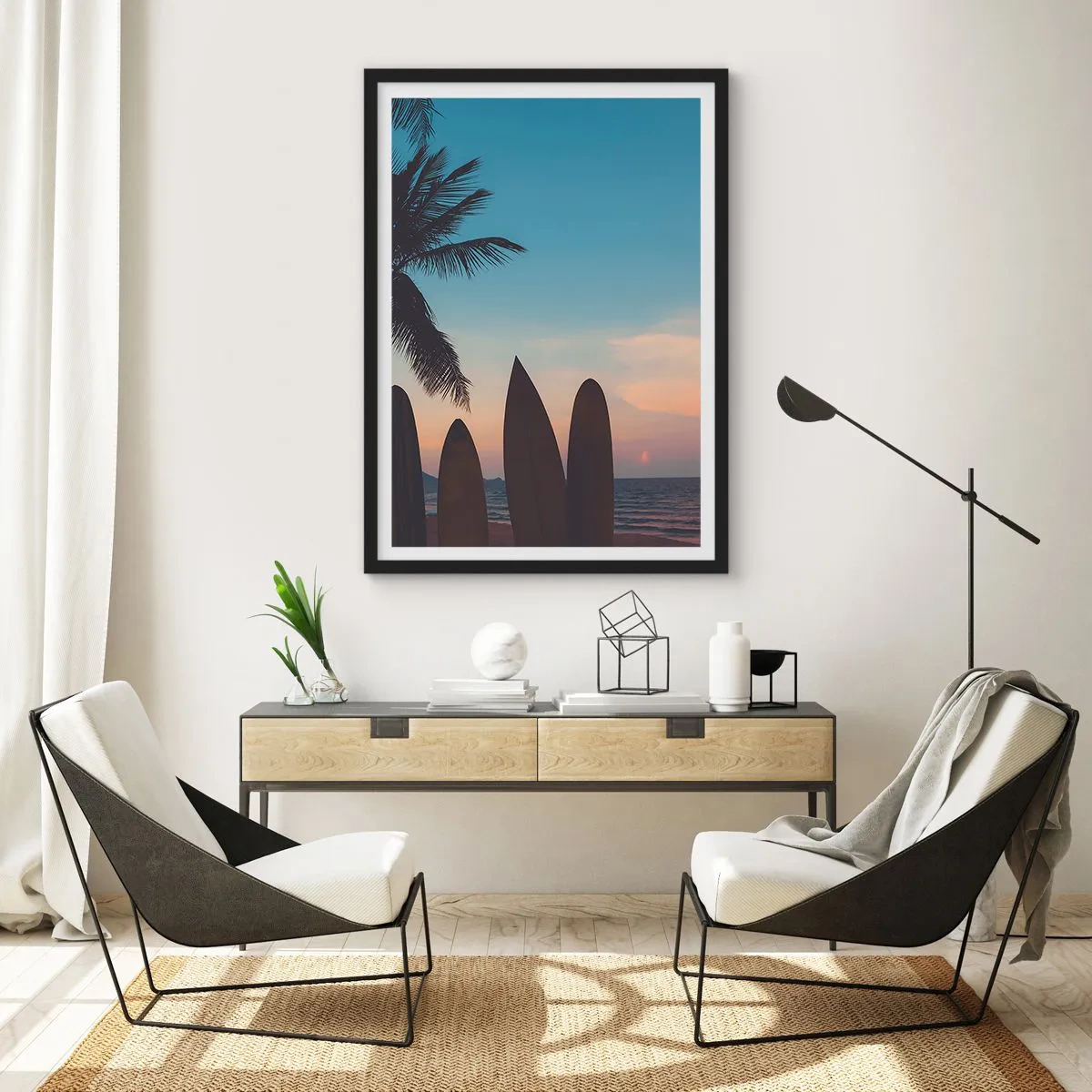 Pôster com moldura preta - Pranchas de surfe na praia com pôr do sol e palmeiras ao fundo - 50x70cm - Amanhã também será divertido - Decoração de parede moderna para a sala de estar e quarto ARTTOR