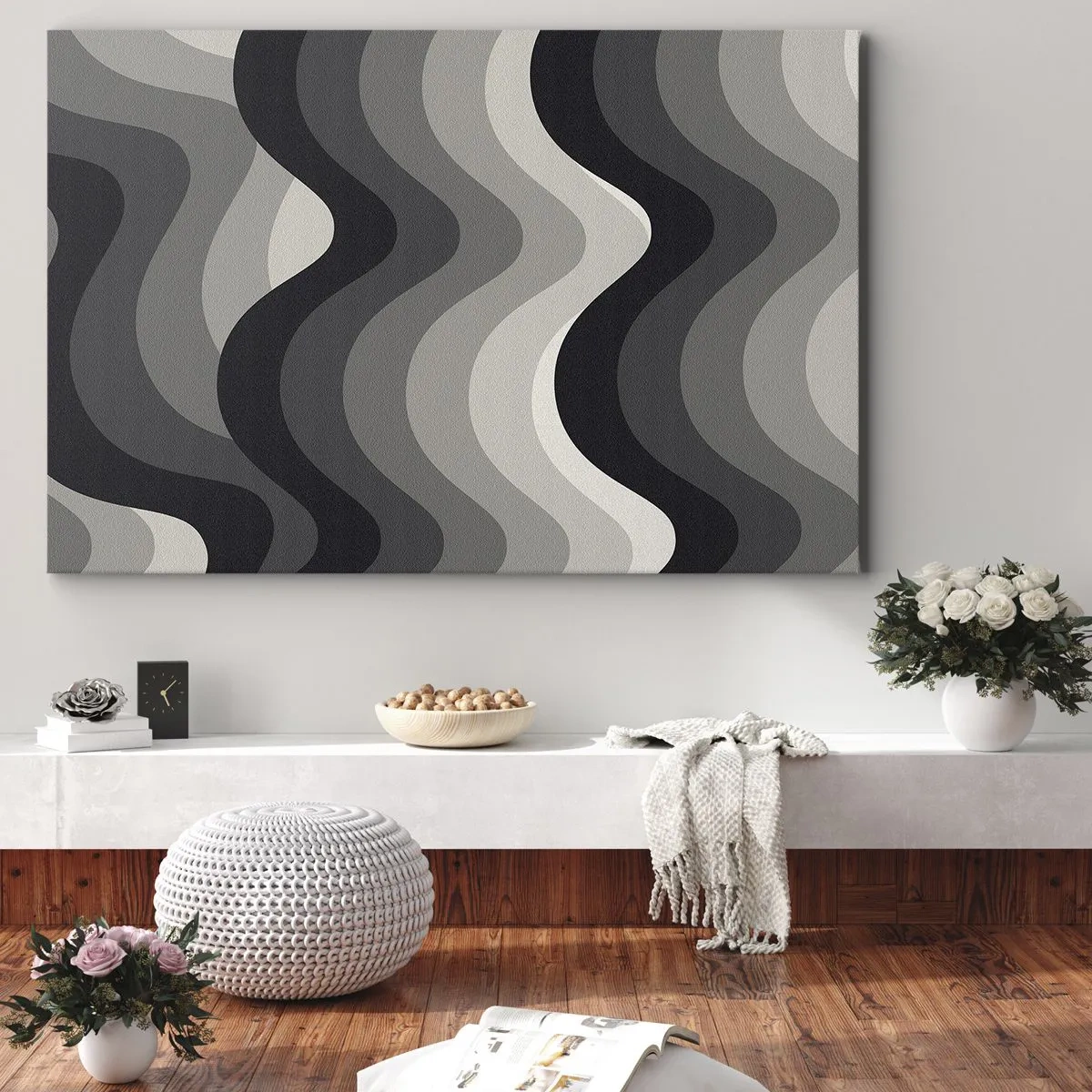 Quadro em tela - Padrões ondulados em preto e branco em tons de cinza - 70x50cm - Onda após onda - Decoração de parede moderna para a sala de estar e quarto ARTTOR