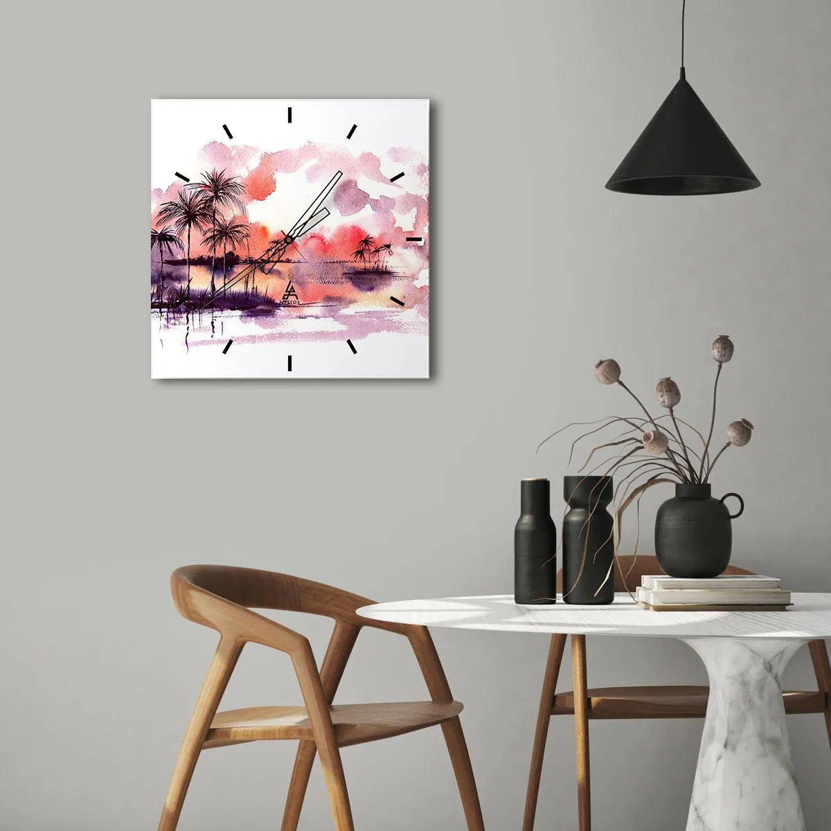 Relógio de parede - Relógio em vidro - A tranquilidade dos trópicos em vermelho - 40x40 cm