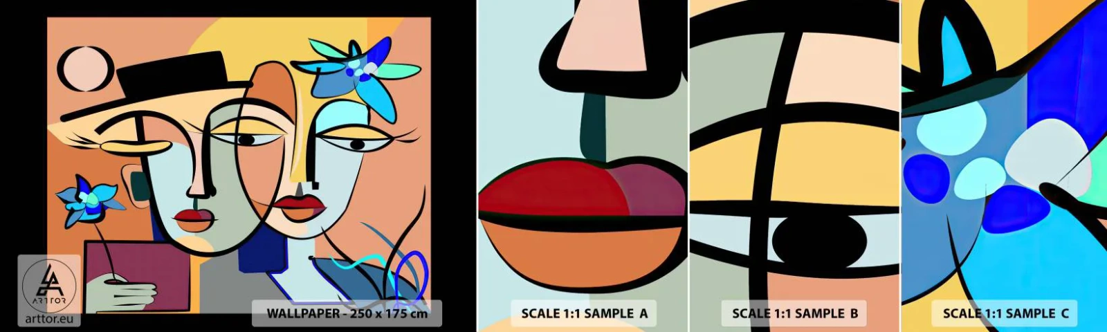 Amostra de papel de parede autocolante Deluxe Sticker - O randez vous de Picasso - Rostos, Moderno, Cubismo - 100x30 cm