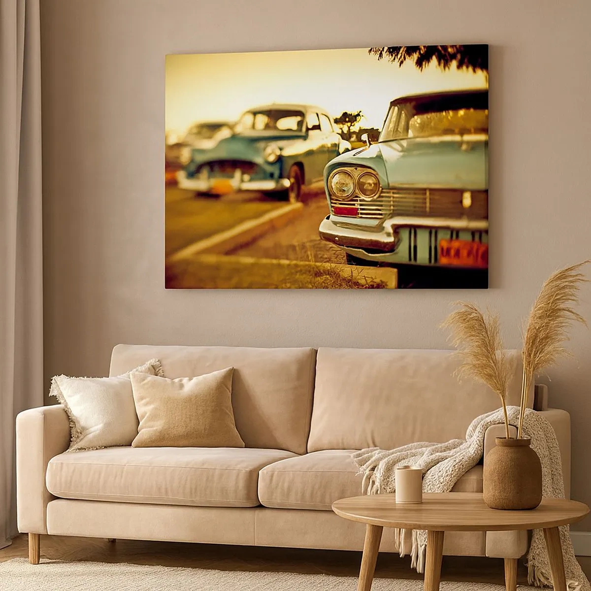 Quadro em tela - Carros clássicos na luz quente do pôr do sol - 70x50cm - Vamos esperar para ver - Decoração de parede moderna para a sala de estar e quarto ARTTOR