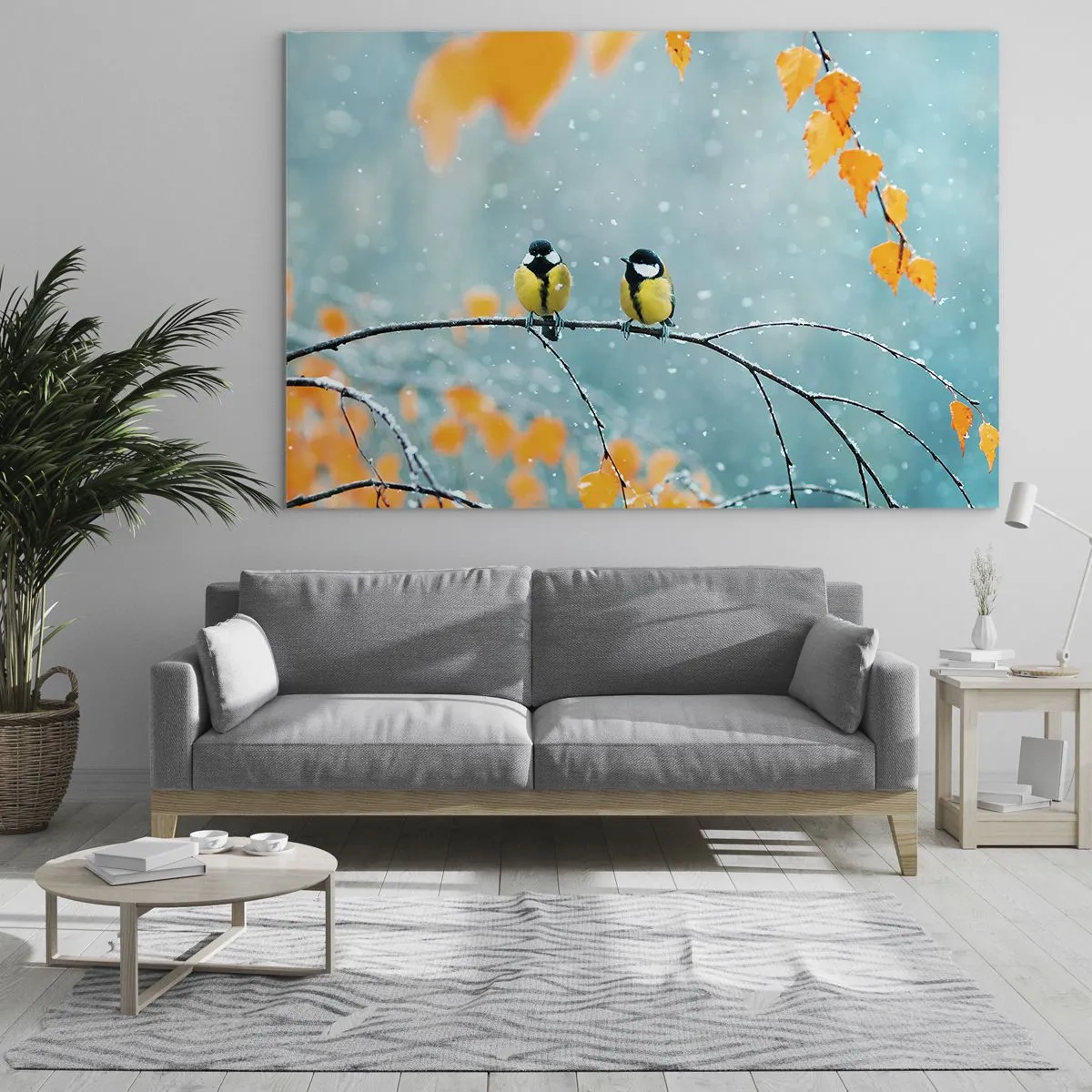 Quadro em vidro - Dois peitos sentados em um galho entre folhas caindo - 70x50cm - Fofoca de pássaros - Decoração de parede moderna para a sala de estar e quarto ARTTOR