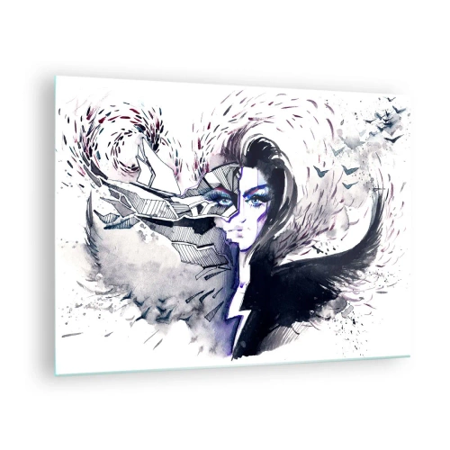 Quadro em vidro - Retrato abstrato com elementos dinâmicos e preto - 70x50cm - Demoníaca e linda - Decoração de parede moderna para a sala de estar e quarto ARTTOR