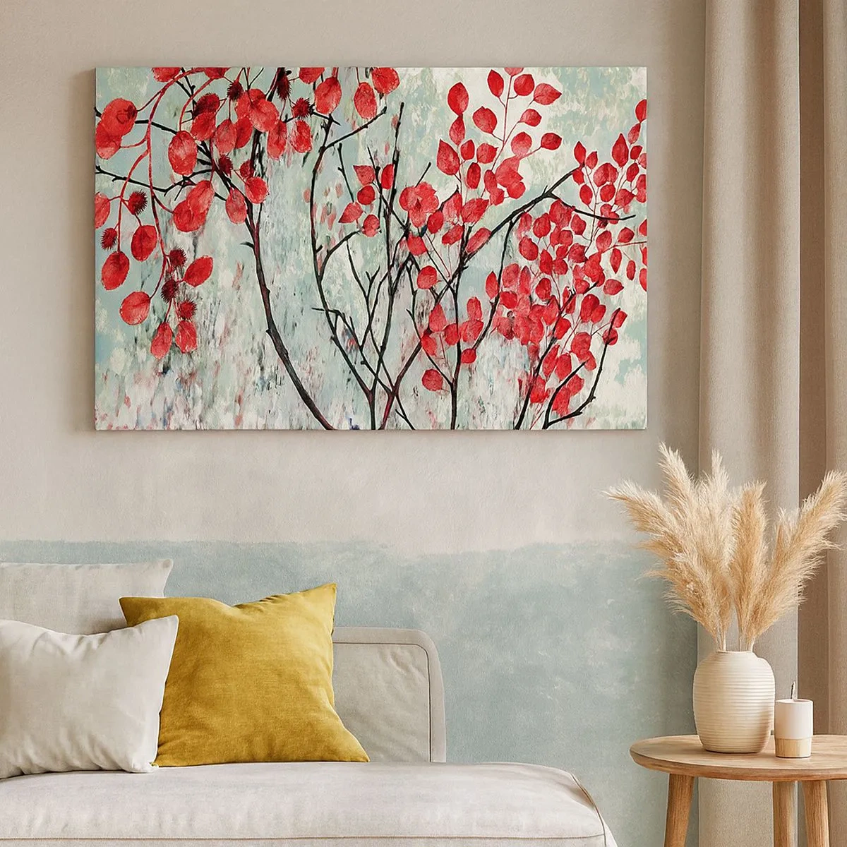 Quadro em tela - Folhas vermelhas contra um céu brilhante com padrões abstratos - 70x50cm - Árvore em escarlate - Decoração de parede moderna para a sala de estar e quarto ARTTOR