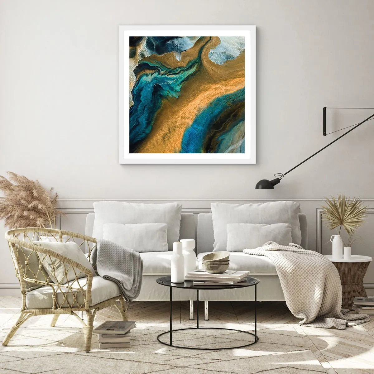 Pôster em moldura branca - Azul – amarelo – influências mútuas - 60x60 cm