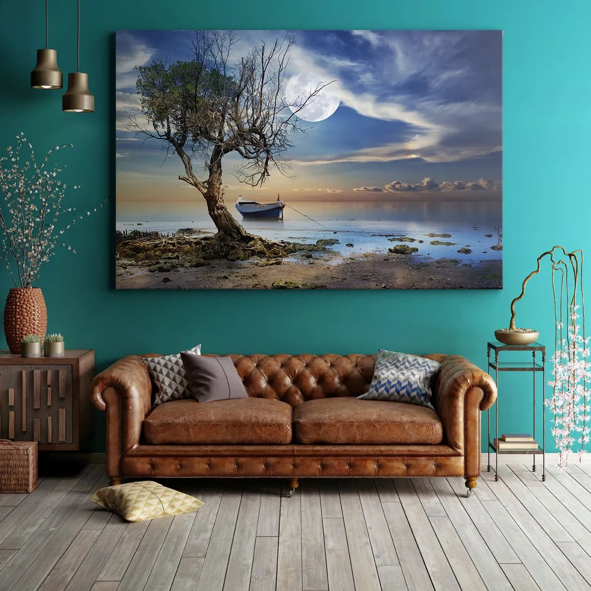 Quadro em tela - Uma árvore solitária e um barco em águas calmas sob a lua cheia. - 70x50cm - É este o fim ou o começo? - Decoração de parede moderna para a sala de estar e quarto ARTTOR